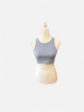 Ribbed High-Neck Crop Bralette - Light Gray